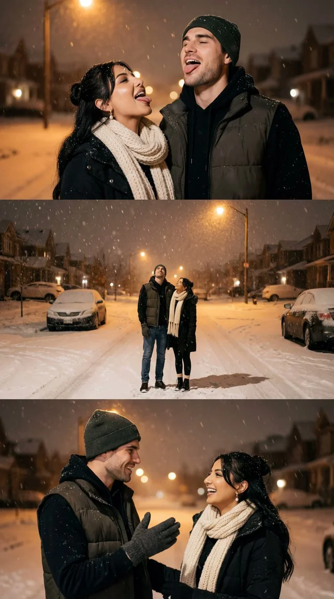 Cinematic Winter Love: A Snowy Night Triptych