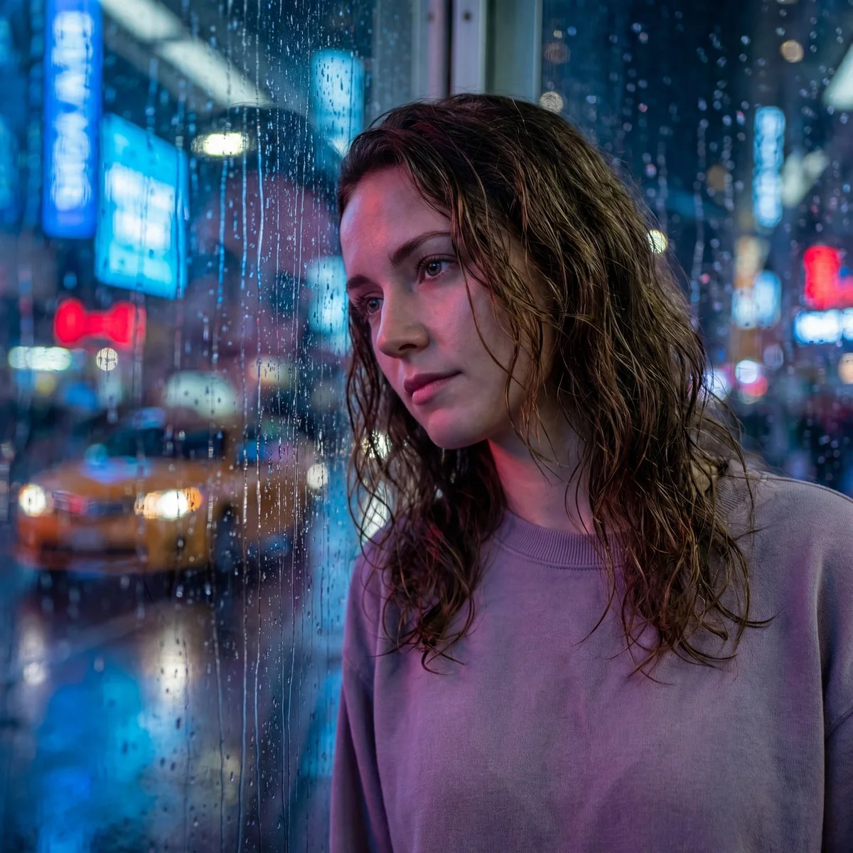 City Dreams: Neon Reflections Through Rain