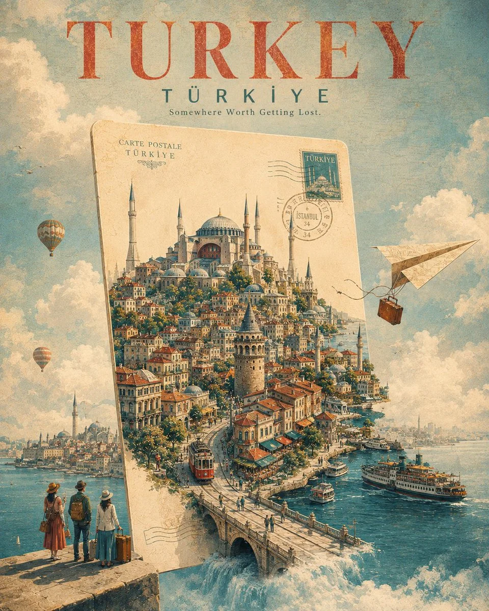 City rises from a vintage postcard in a surreal sky