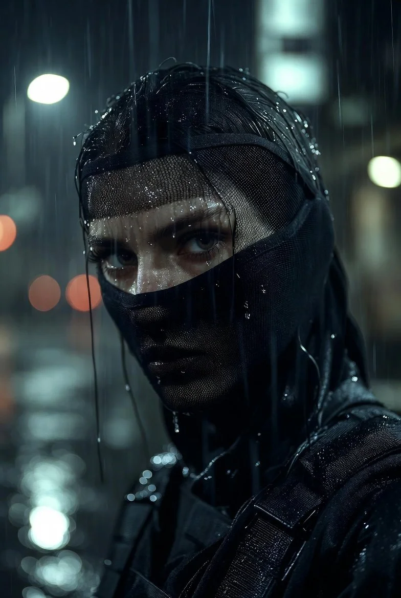 City Shadows: The Masked Operative in Rain-soaked Dystopia
