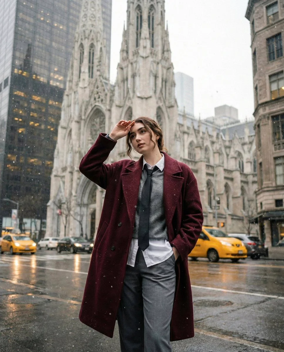 City Snowfall: A Serene Moment in Burgundy