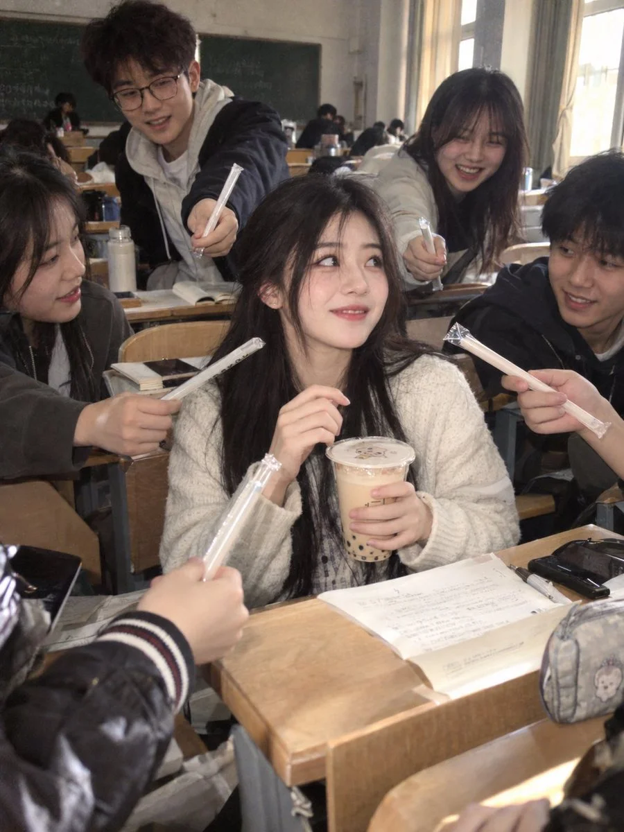 Classroom Beauty Surrounded by Students Offering Straws for Milk Tea