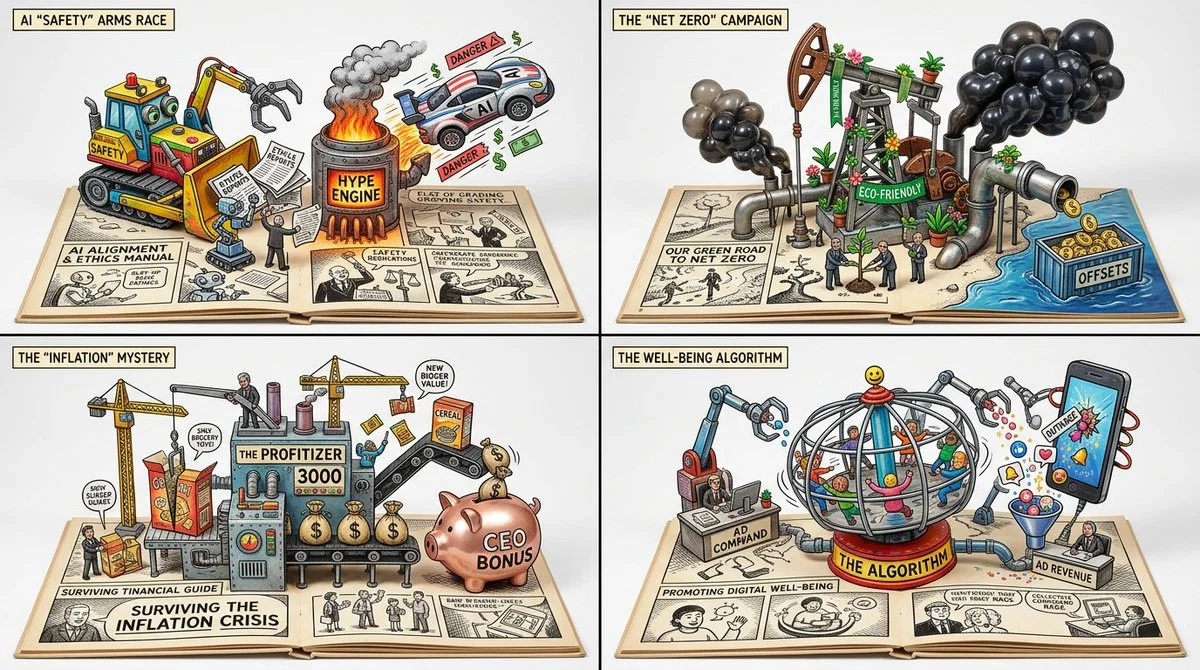 Clay figures mock corporate greenwashing inside a pop-up diorama grid