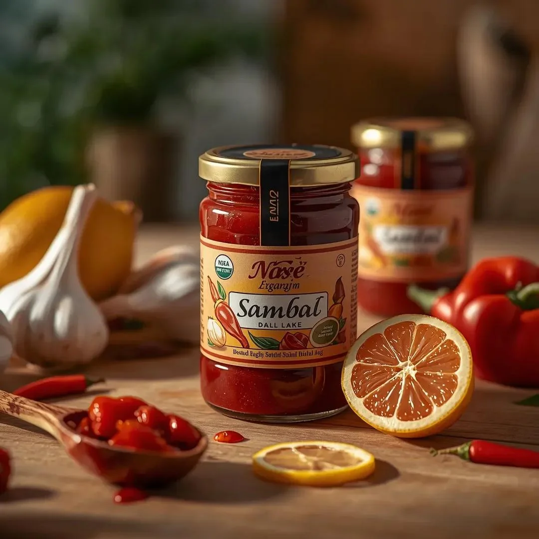 Close-Up of Premium Nasi Lemak Sambal Jar on Rustic Kitchen Counter