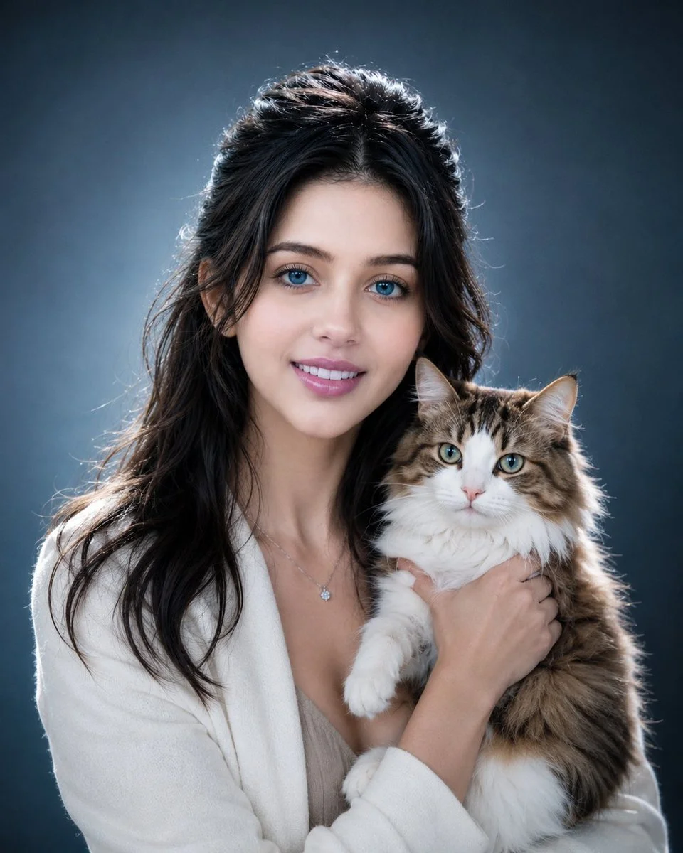Close-up portrait captures genuine bond between woman and cat.