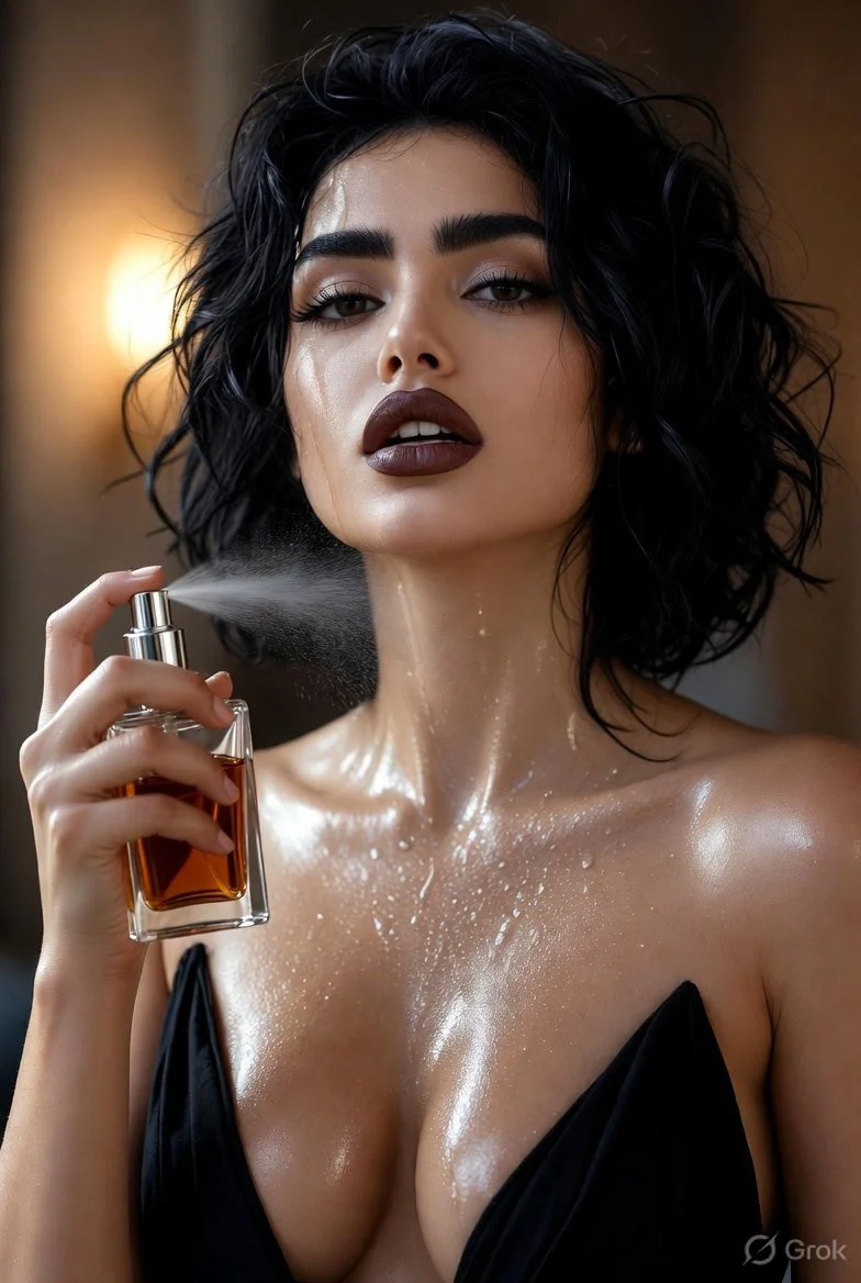 Close-up portrait captures perfume mist on dewy bare shoulders