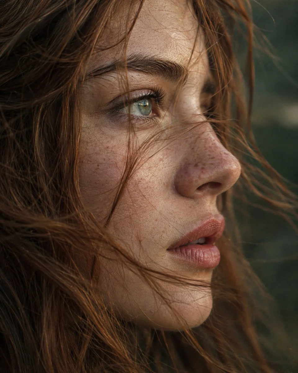 Close-up portrait of a woman with windblown copper hair and blue-green eyes