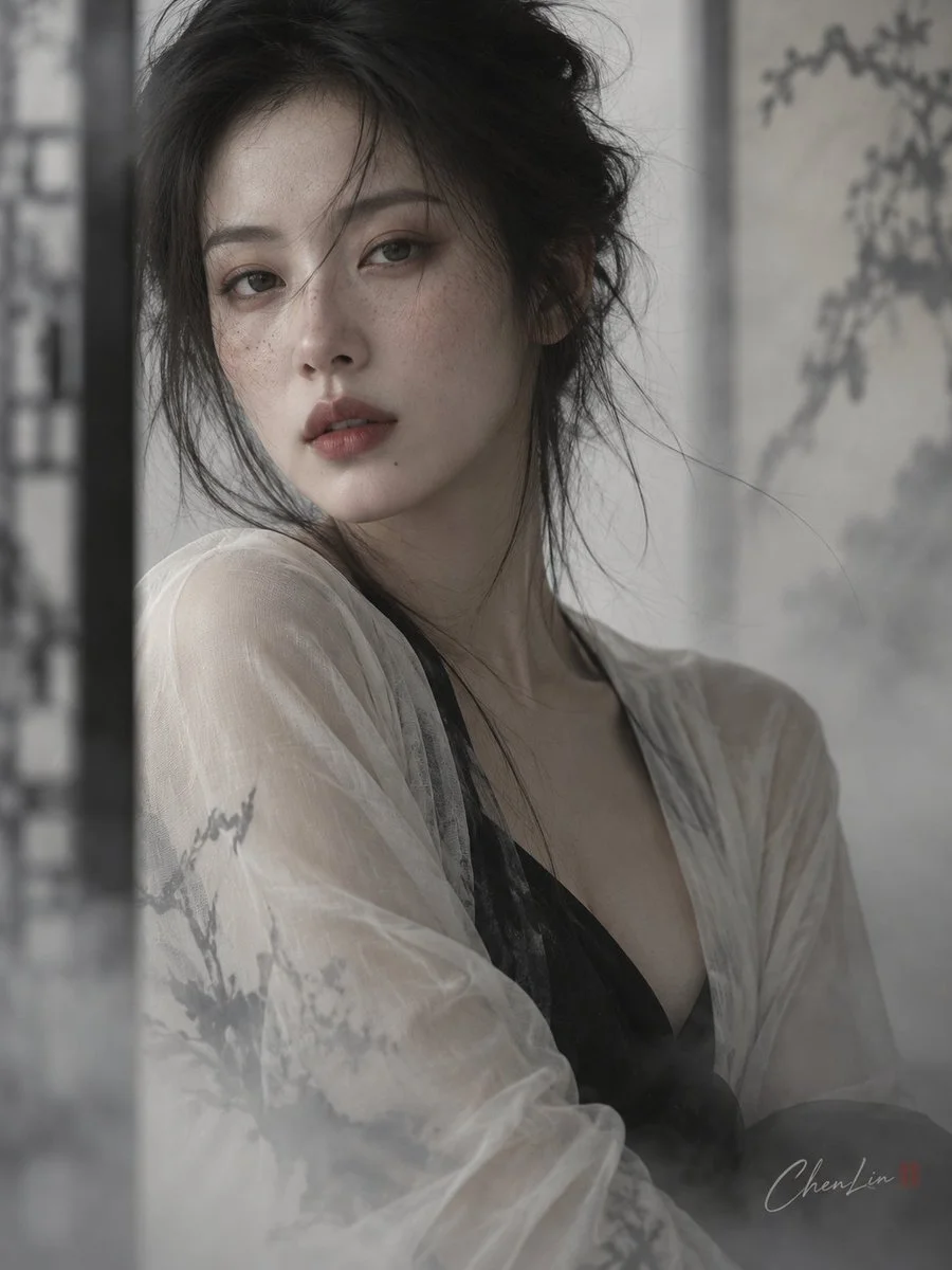 Close-up portrait of an Eastern beauty with a wide inverted triangle silhouette