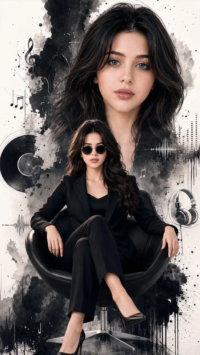Close-up portrait of calm woman with music symbols