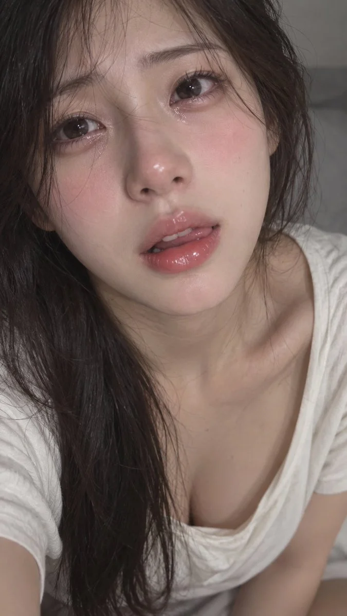 Close-up portrait of East Asian woman with moist eyes and flushed cheeks