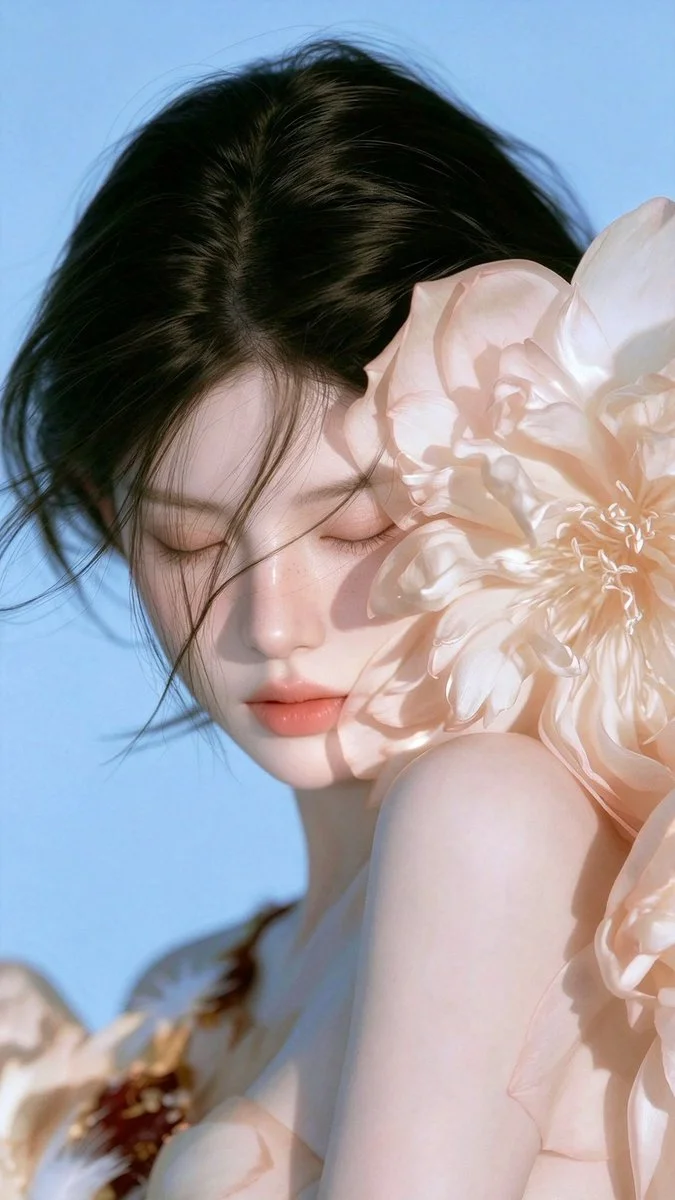 Close-Up Portrait of Woman with Giant Peony in Bright Sunlight