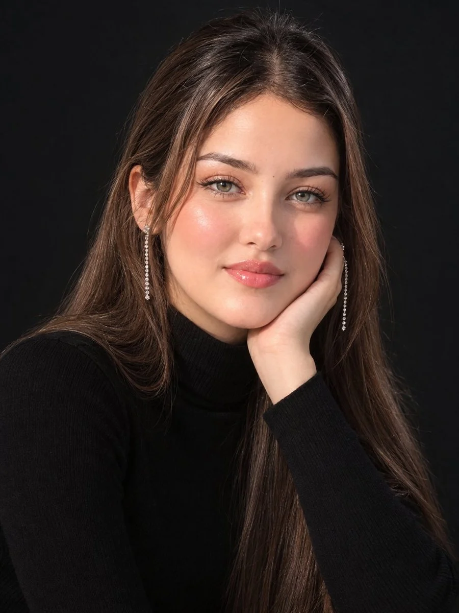 Close-up portrait of woman with porcelain glass skin and dark hair