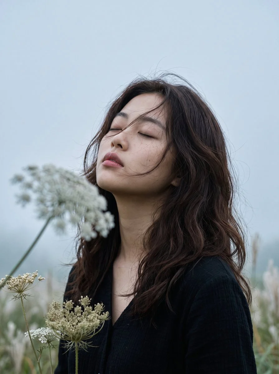 Closed-Eye Portrait as Foreground Bloom Blurs Her Face