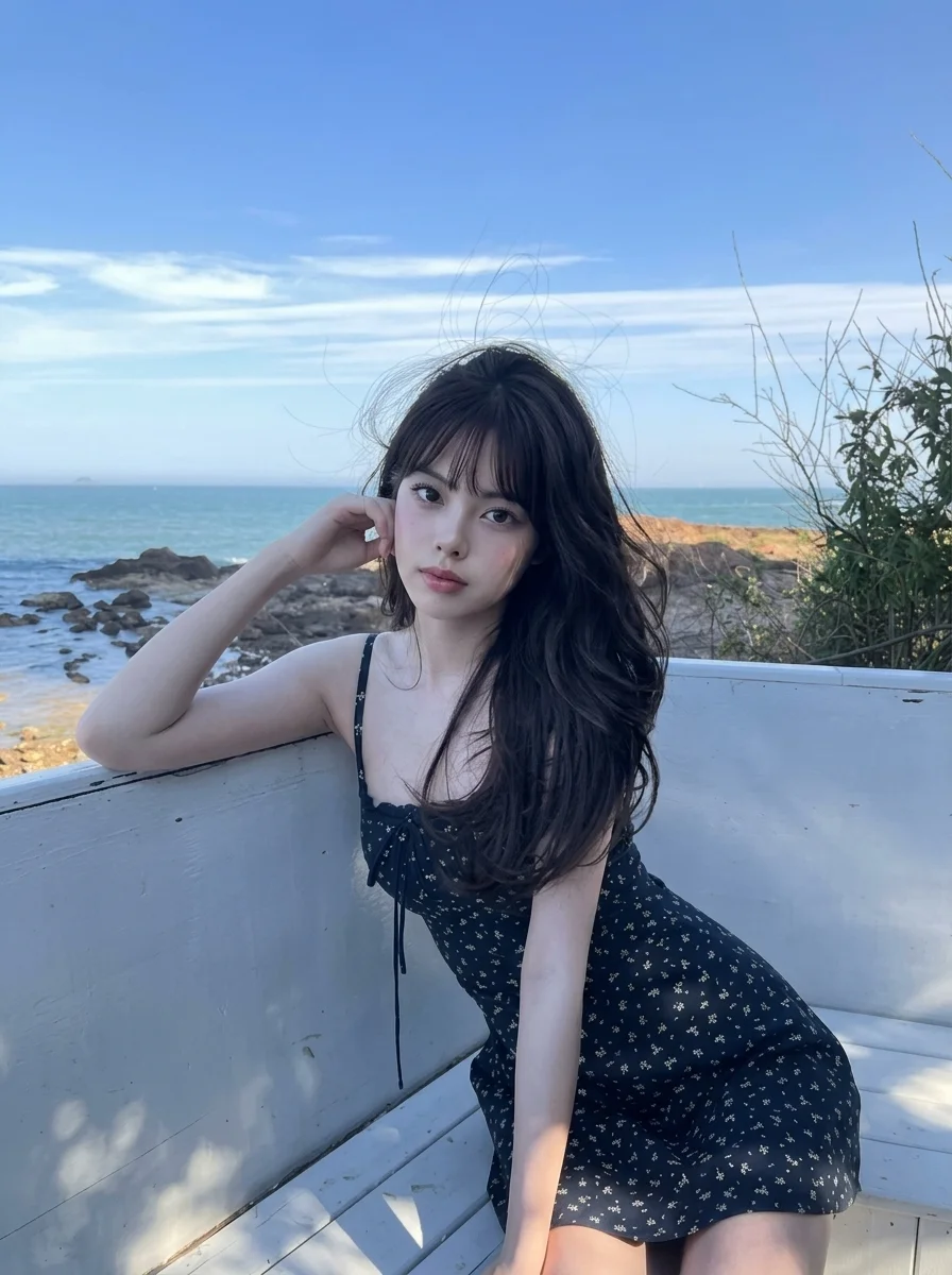 Coastal Serenity: Hyper-Realistic Portrait on a White Bench