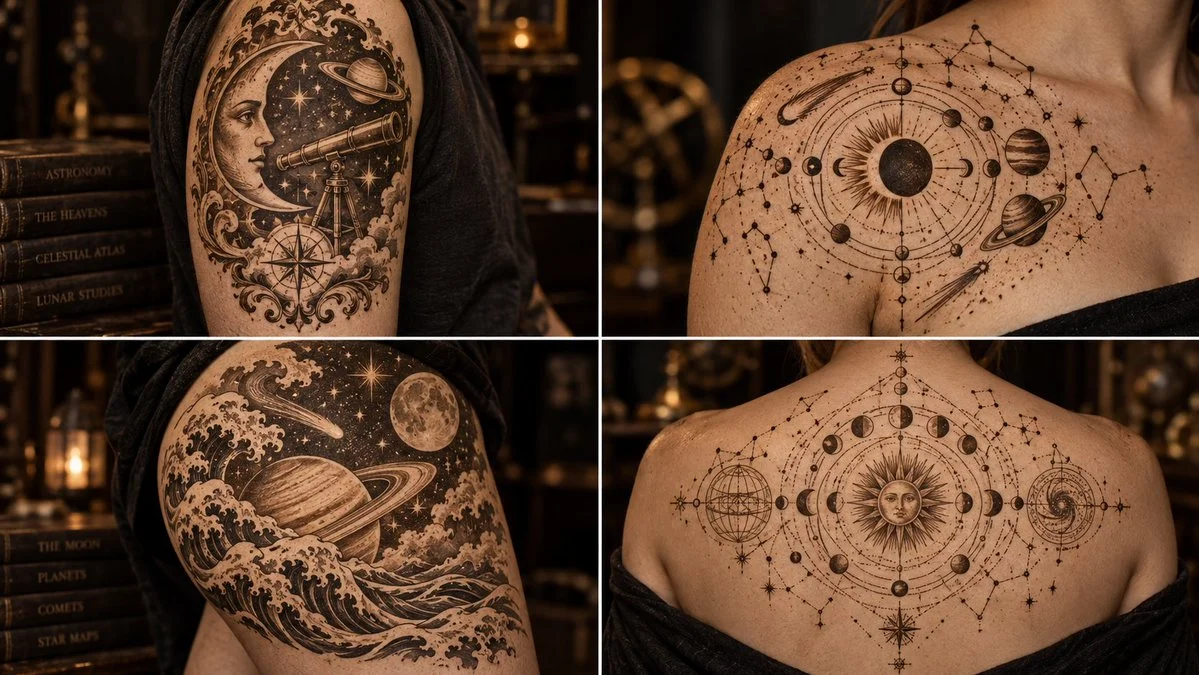 Coffee Ink Tattoo Rendered in Porcelain Skin Under Moody Spotlight