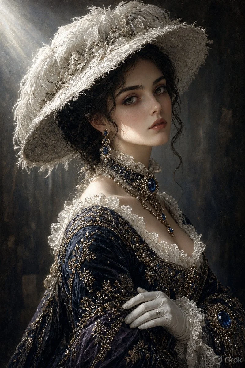 Cold beauty in white gloves and wide-brimmed hat with crystalline sparkles