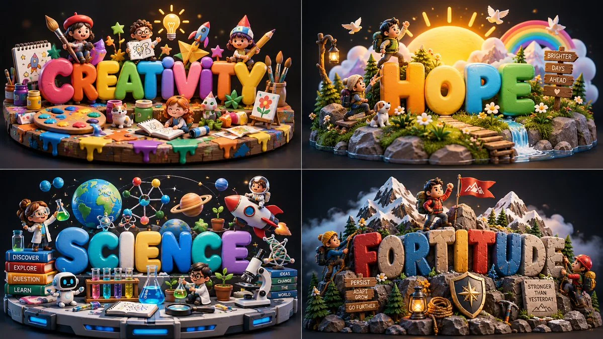 Colorful bubble letters form a 3D diorama of creativity in a dark studio