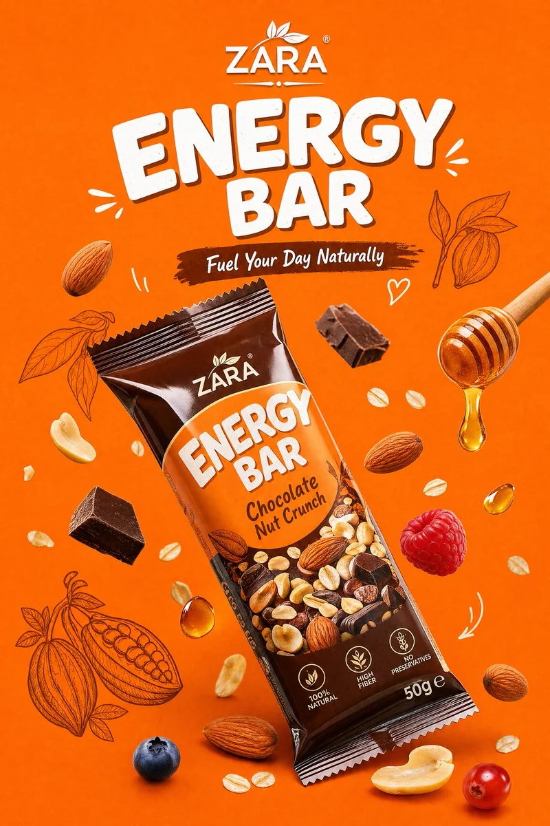 Colorful energy bar floats with fresh berries and nuts