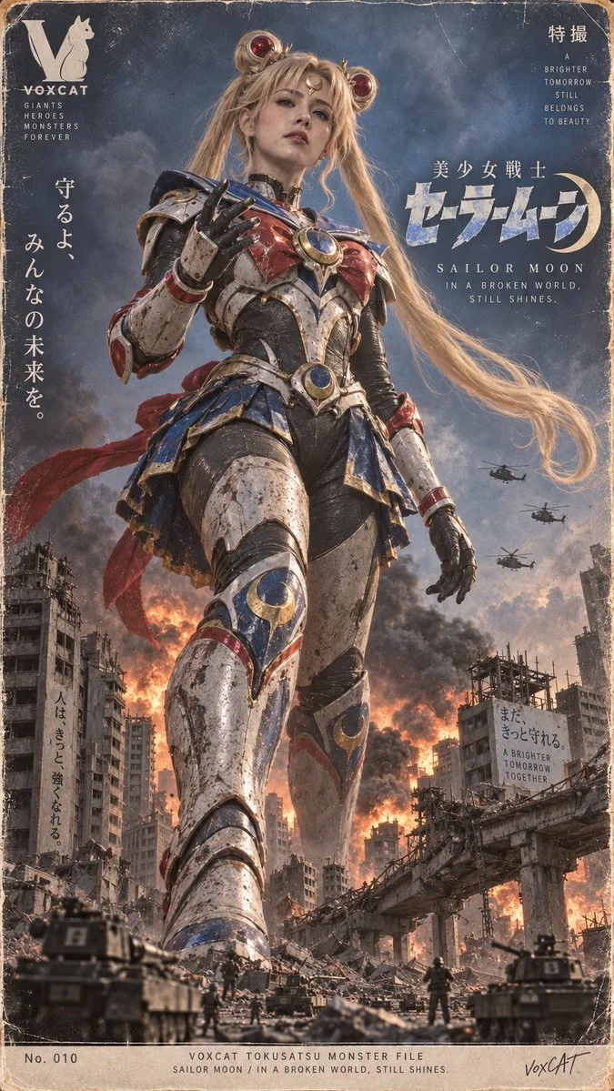 Colossal armored hero stands tall above burning miniature city ruins