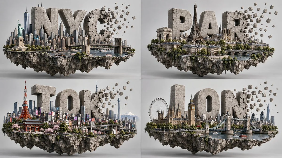 Colossal concrete city abbreviations shatter into floating voxels on bedrock