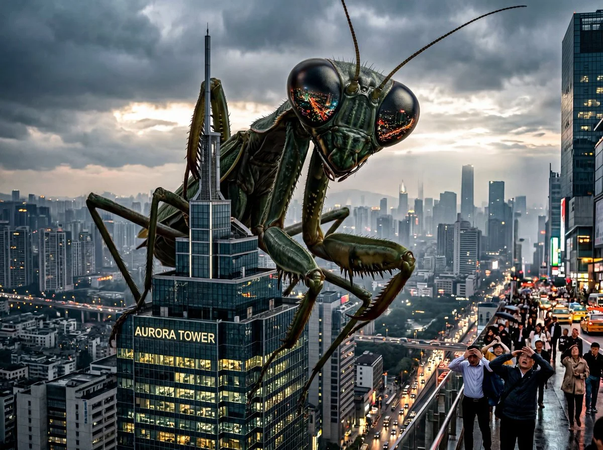 Colossal Creature Looms Over Urban Skyline with Surreal Biological Detail