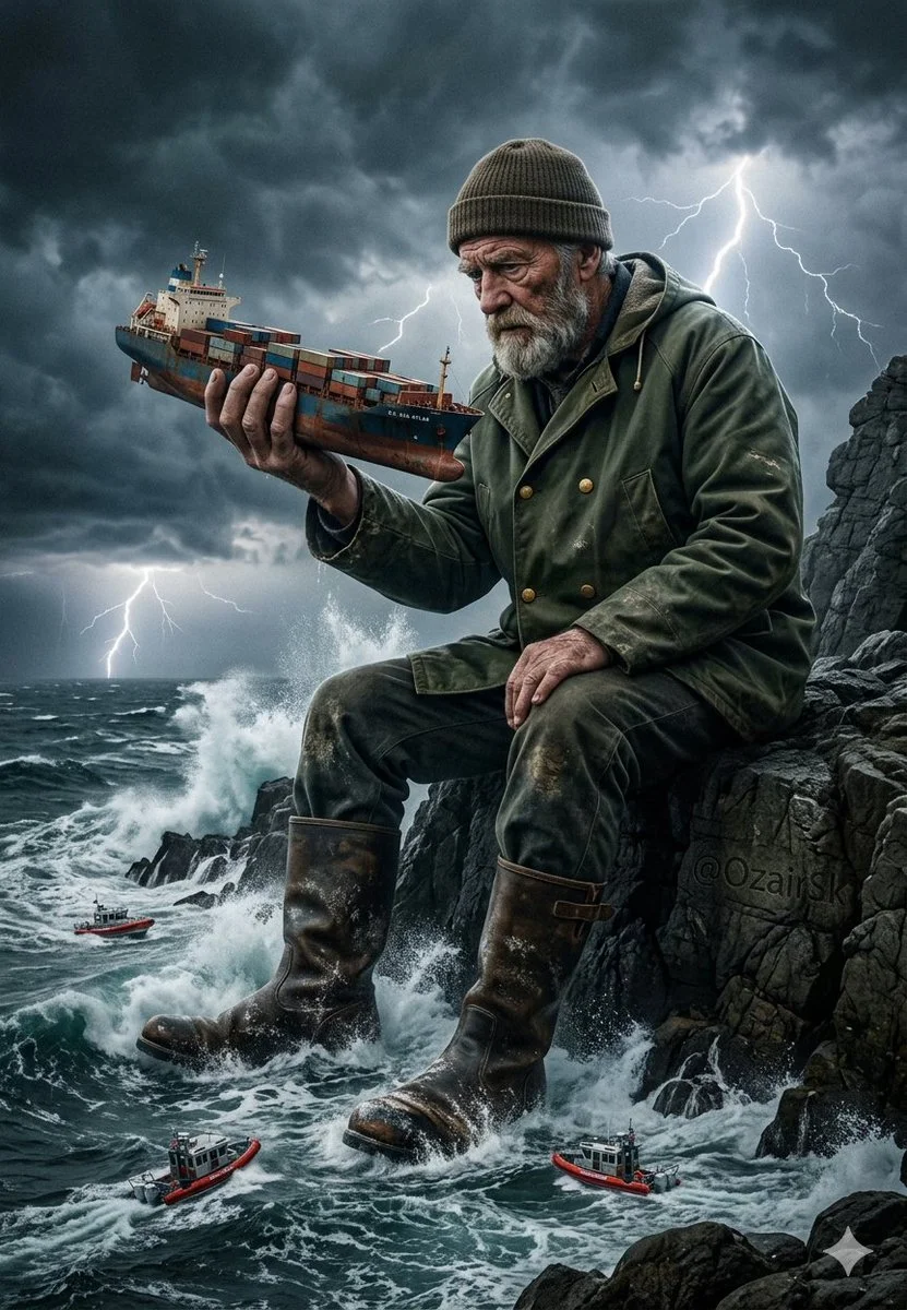 Colossal Fisherman Lifts Cargo Ship Amid Stormy Seas
