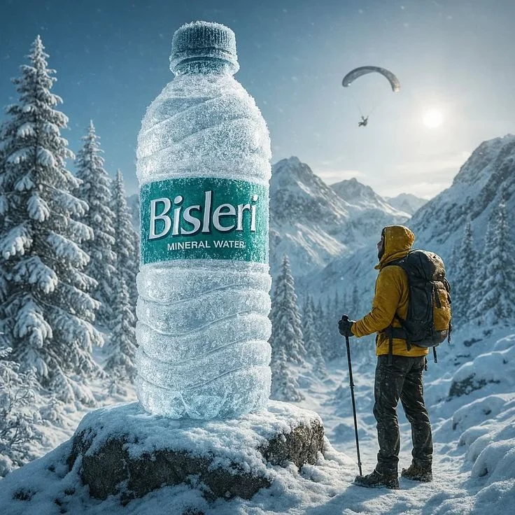 Colossal Frozen Water Bottle Amid Alpine Dawn