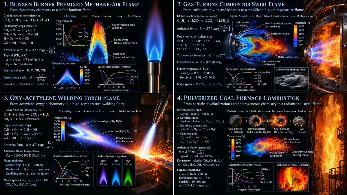 Combustion chemistry to photoreal flames in a 2x2 grid