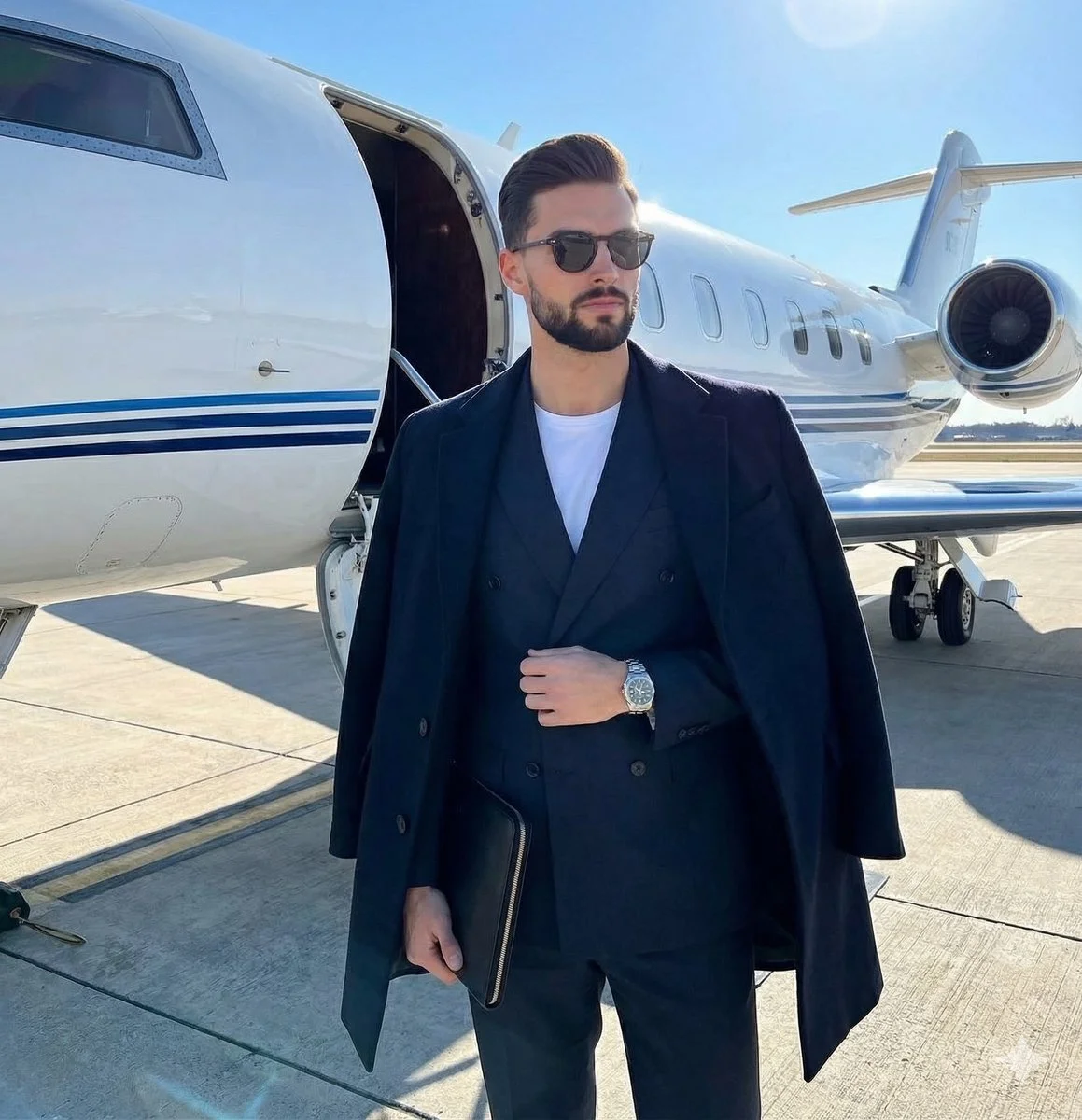 Commanding Presence: A Man Poised by His Private Jet in Sharp Contrast