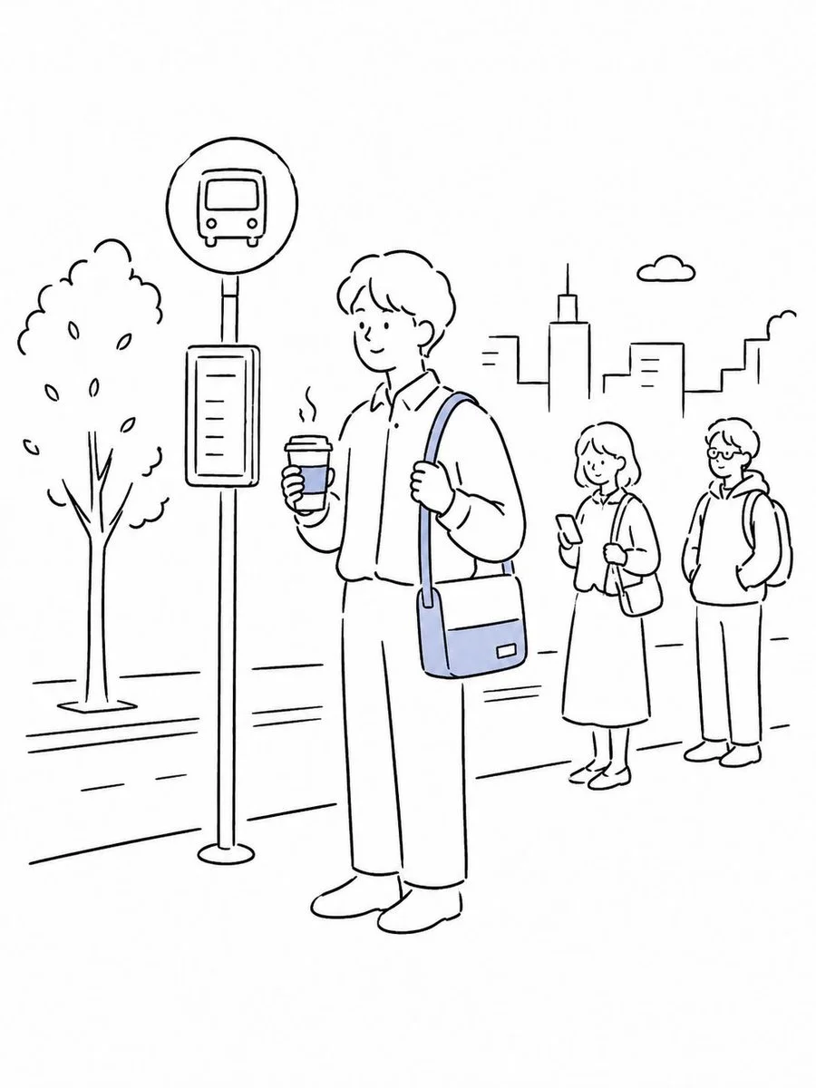 Commuters wait at a bus stop in light rain with umbrellas
