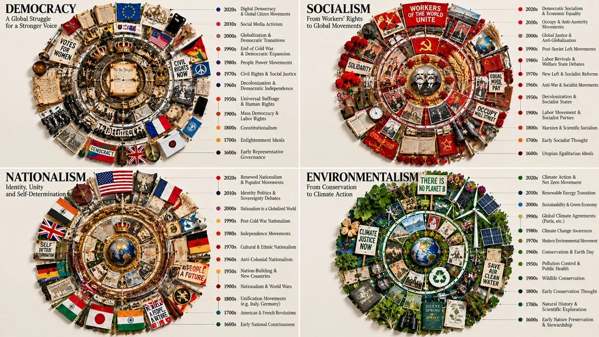 Concentric rings of political change form a tree-ring timeline overhead