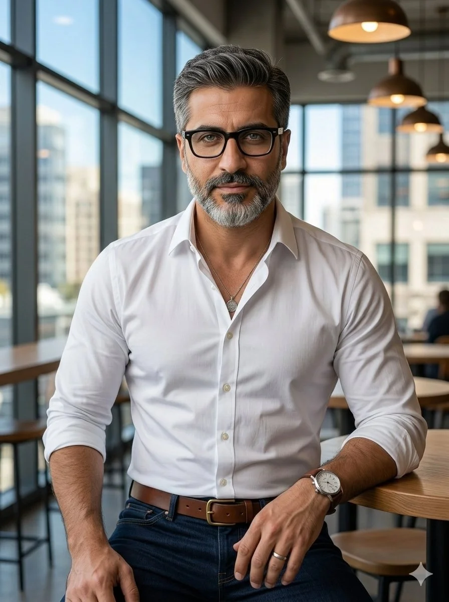 Confident and Stylish: A Mature Professional in an Upscale Coffee Shop