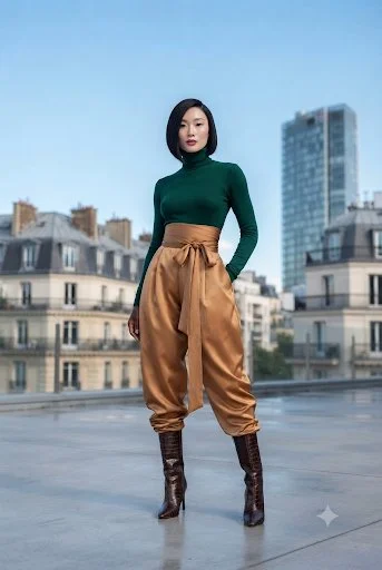 Confident Asian Woman Poses on Rooftop in Camel Trousers
