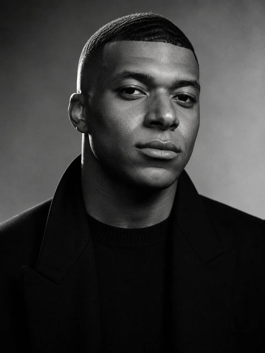 Confident athlete in black overcoat stares with calm determination.