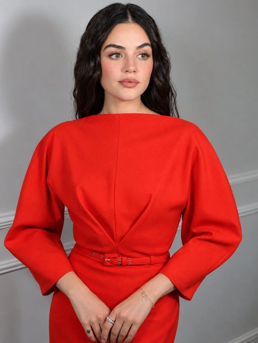 Confident Brunette Models Red Belted Dress in Minimalist Studio
