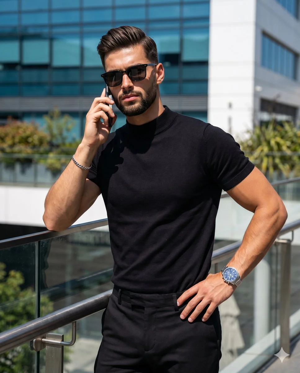 Confident businessman in black sunglasses leans against metal railing