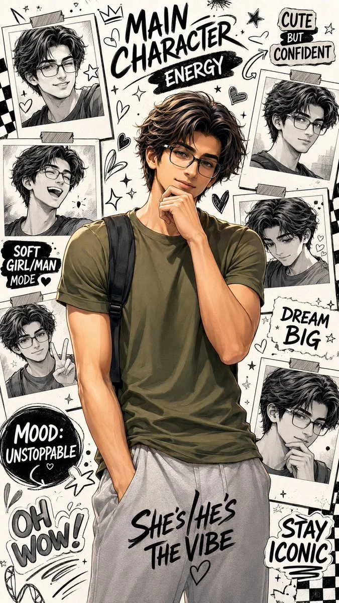 Confident cute subject poses in a manga doodle collage poster