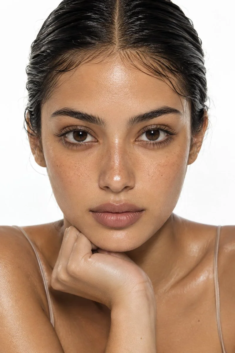 Confident dark eyes meet camera in high-end beauty shot