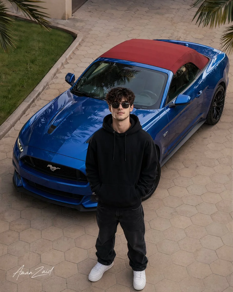 Confident Elegance: A Young Man and His Mustang