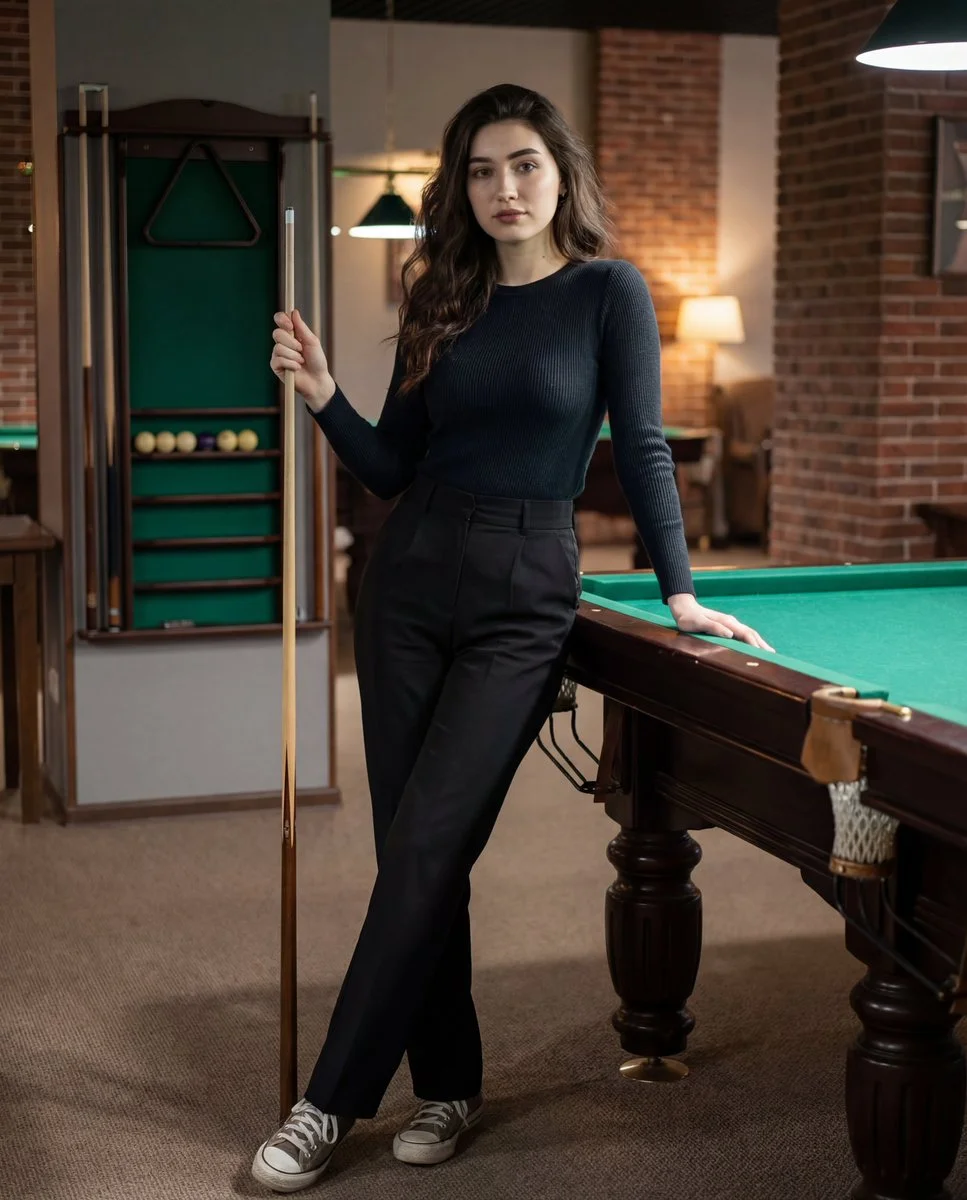 Confident Elegance at the Billiards Table