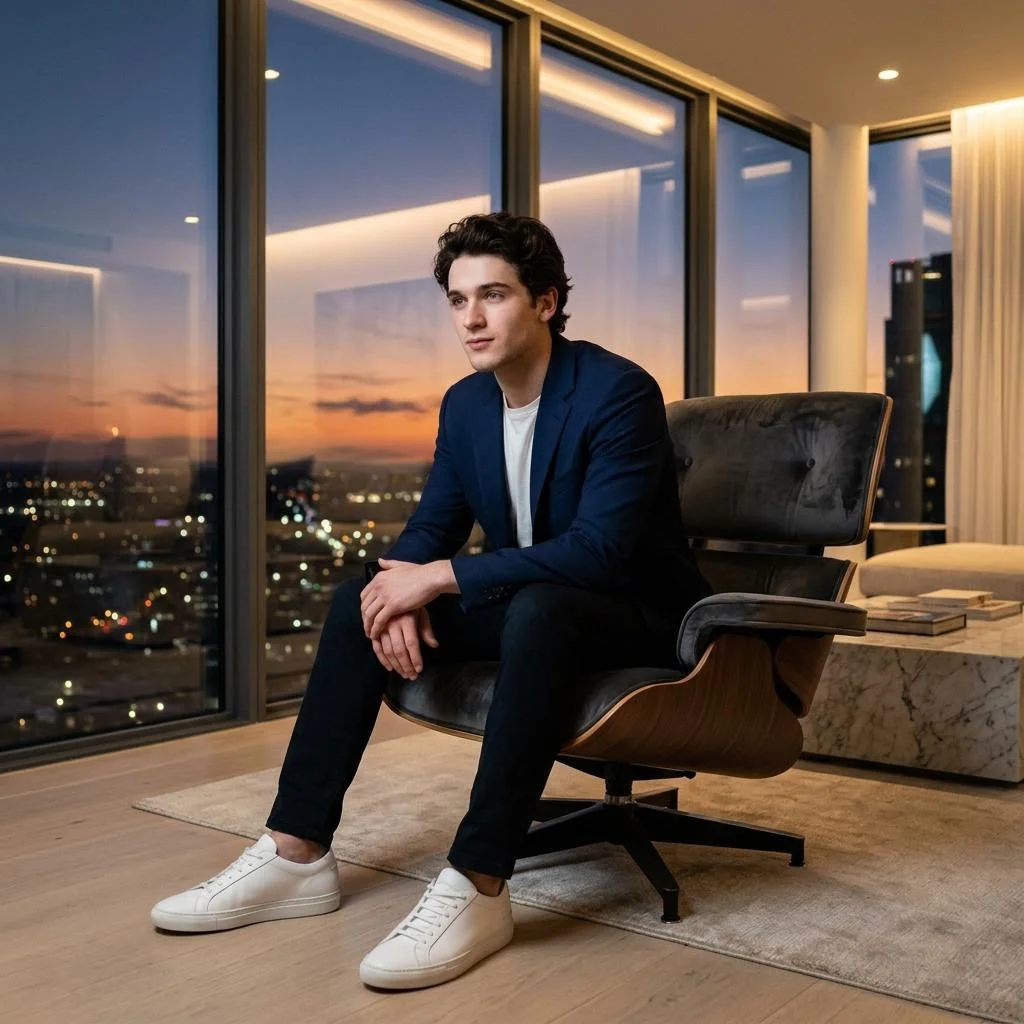 Confident Elegance in a Luxury Penthouse at Dusk