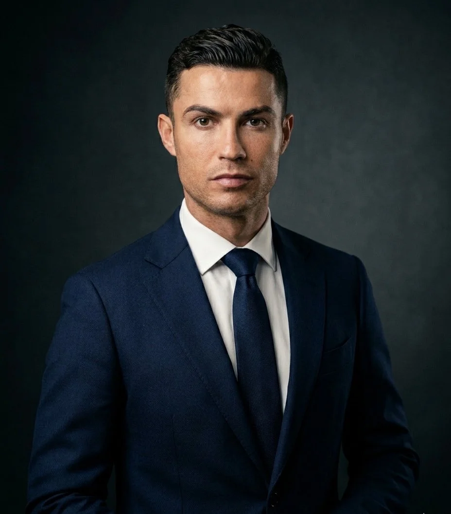 Confident executive in navy suit gazes directly at camera
