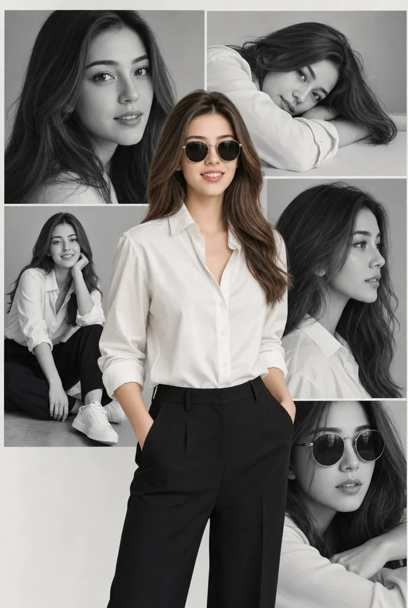 Confident Fashion Statement: A Young Woman in Monochrome Style