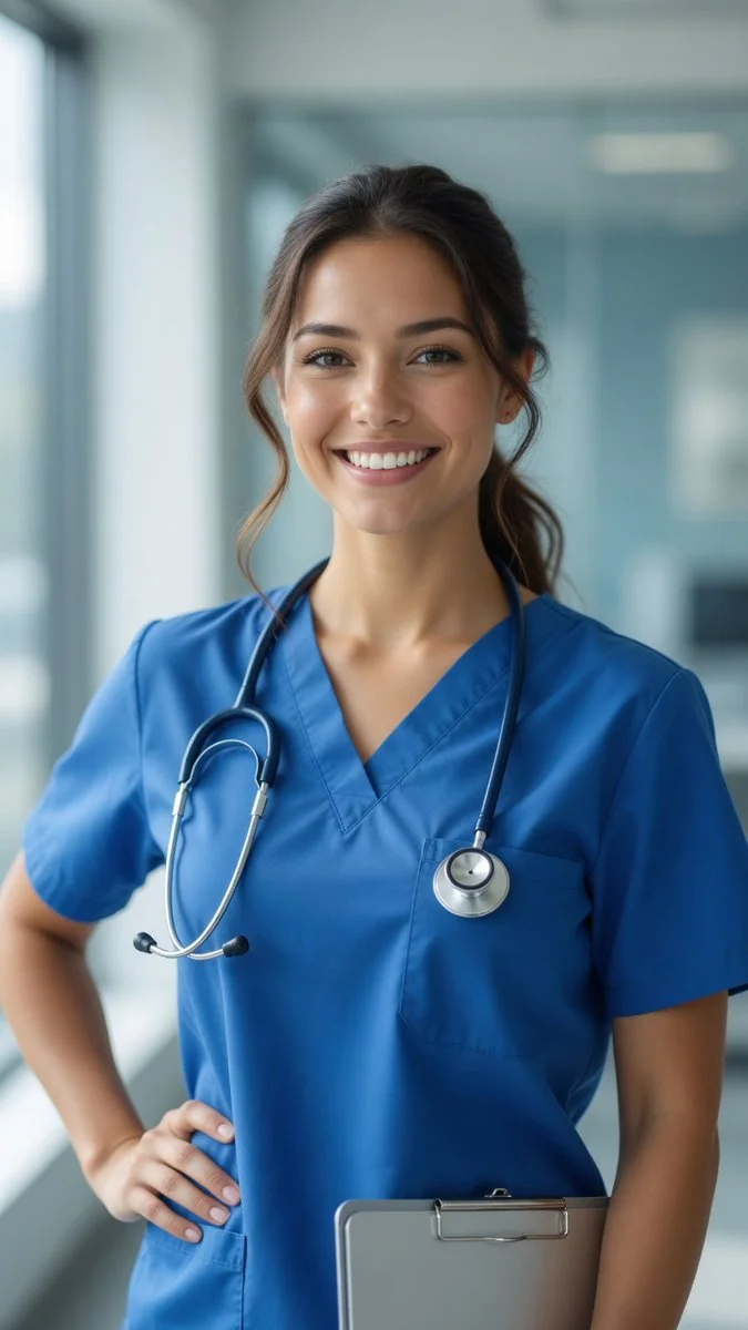 Confident female doctor with stethoscope poses in bright clinic.