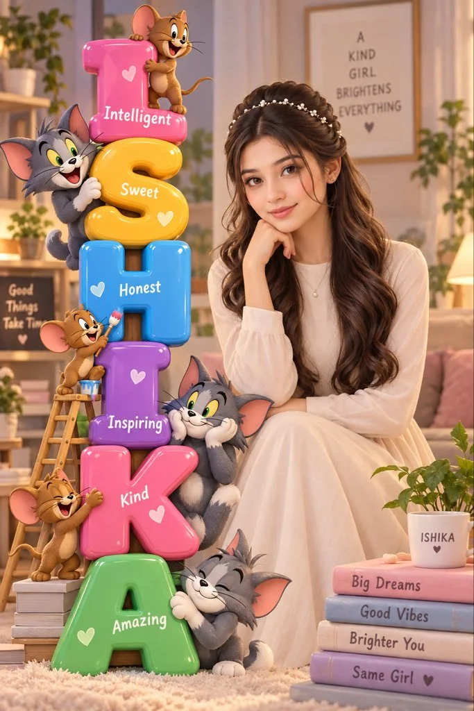 Confident Indian woman poses with colorful ISHIKA letters at home.