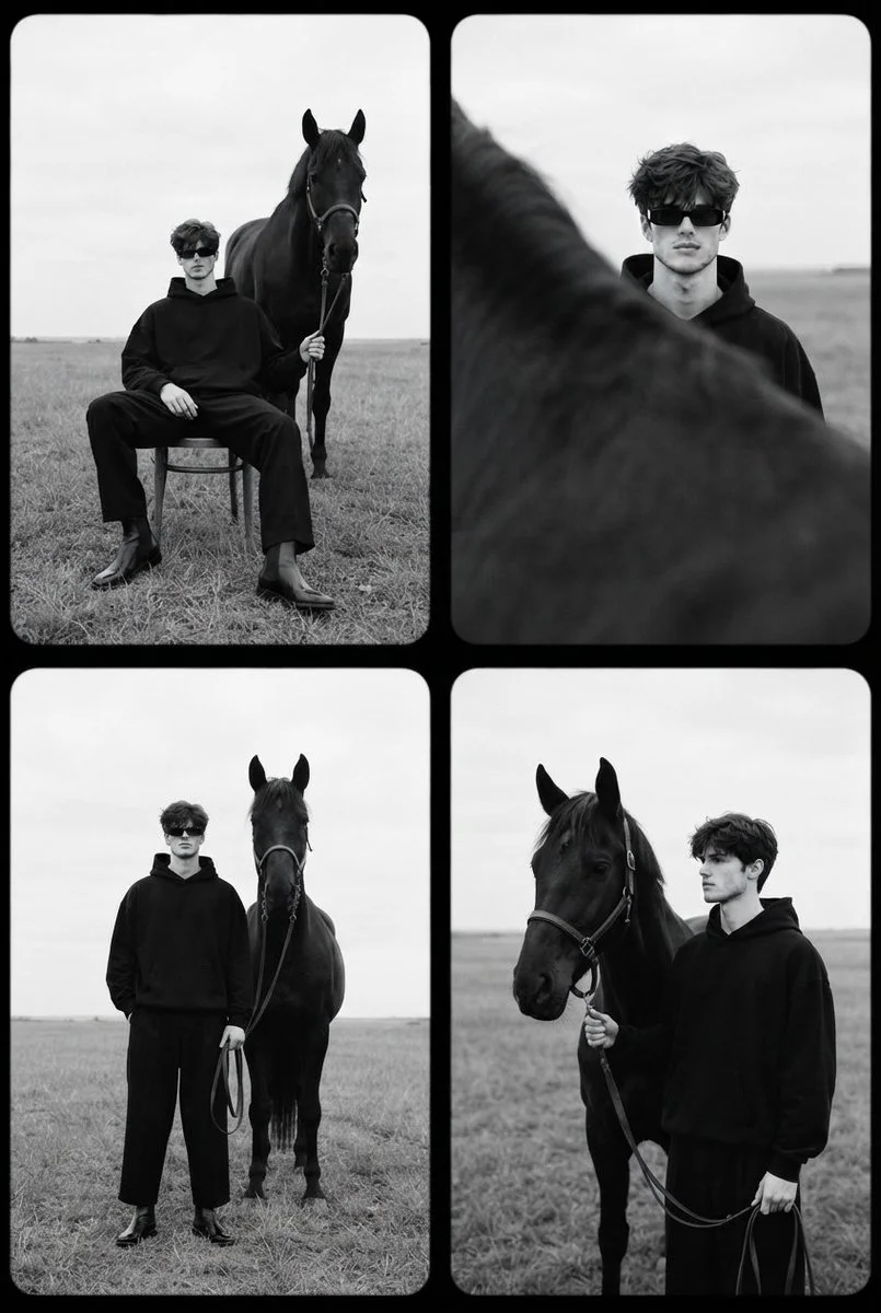 Confident man and black horse in four square frames