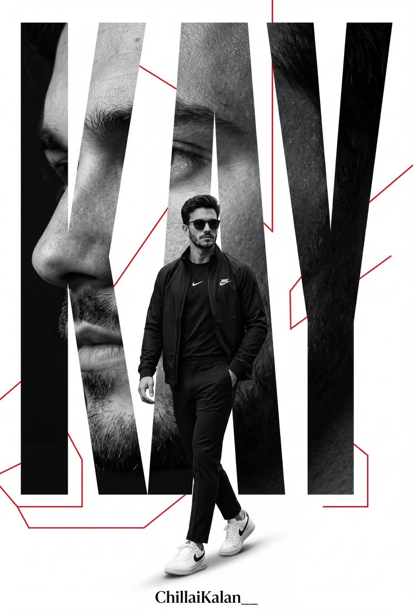 Confident man in black Nike walks forward with bold portrait