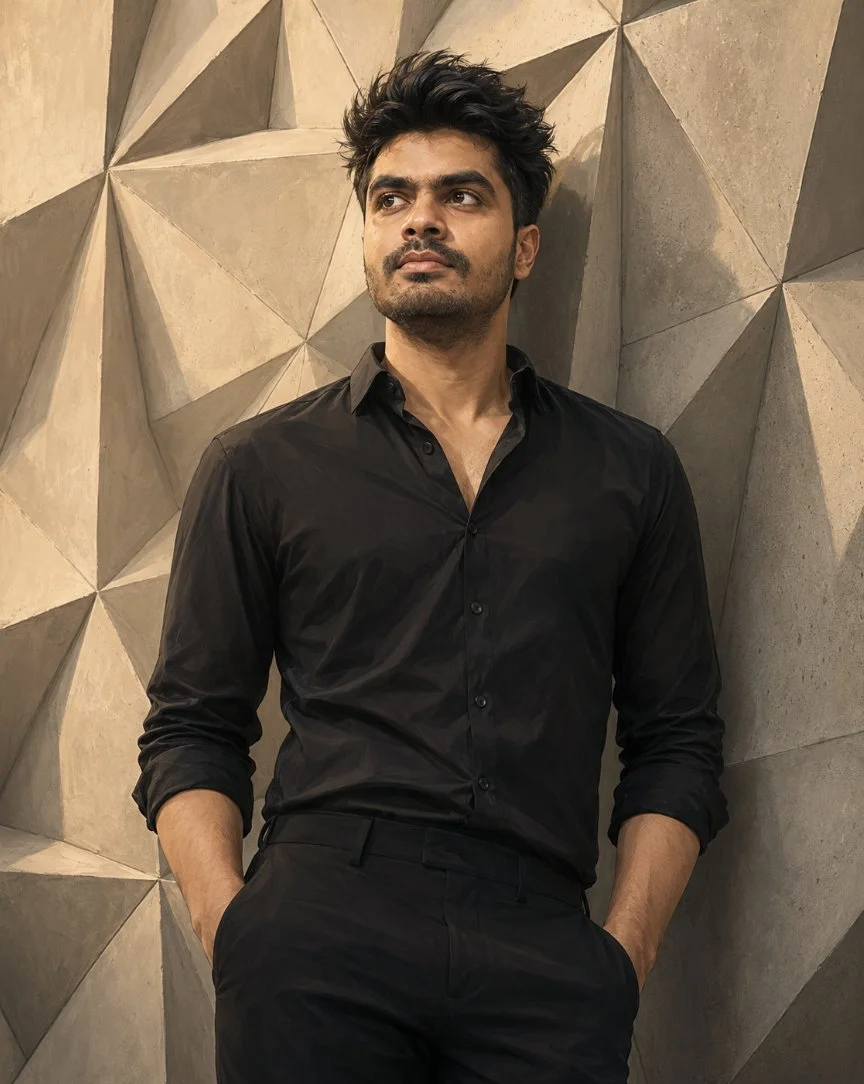 Confident man in black shirt leans against geometric concrete wall