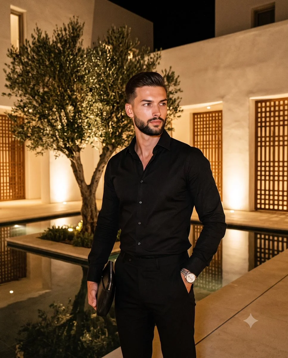 Confident man in black stands by olive tree at night