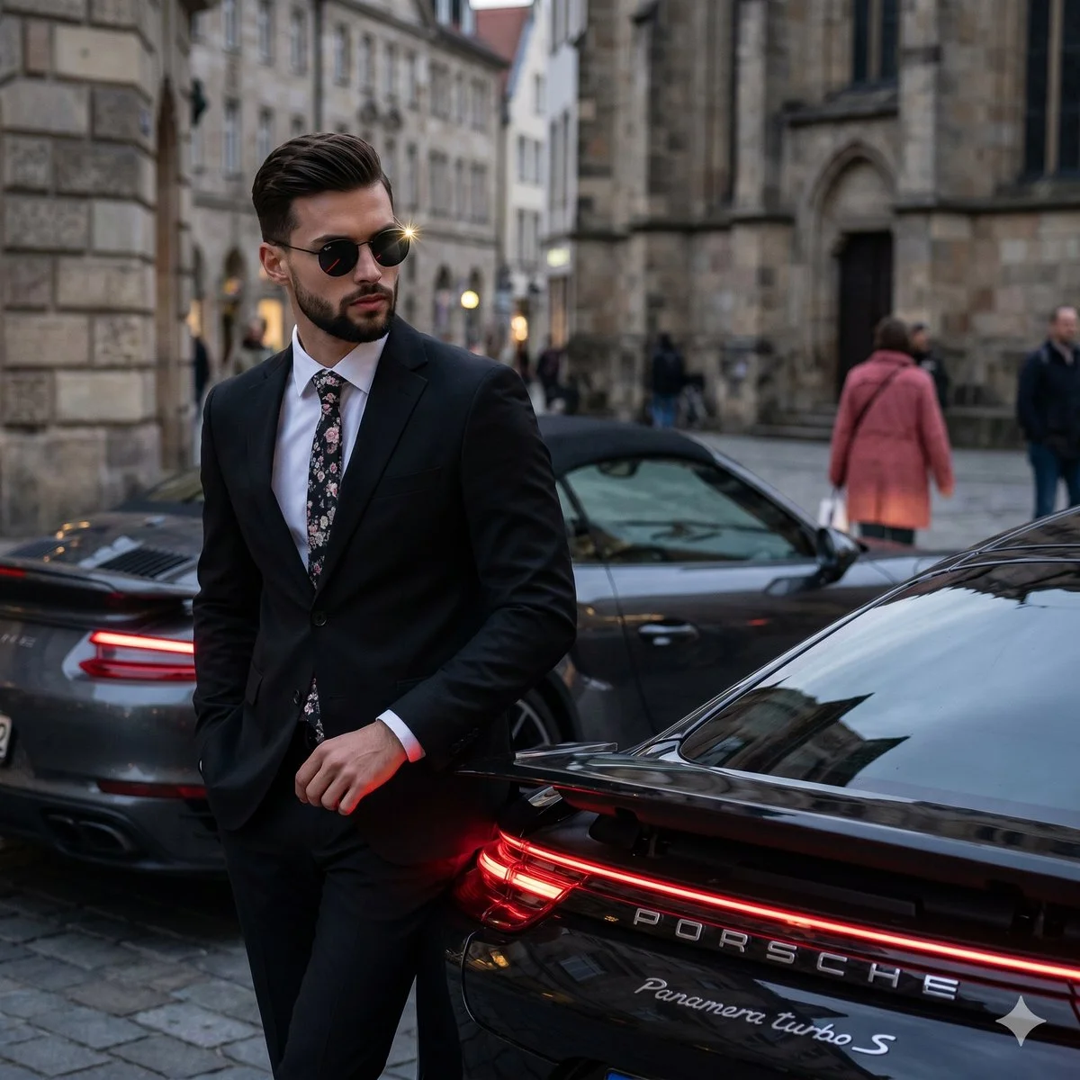 Confident man in black suit leans on glossy Porsche at dusk